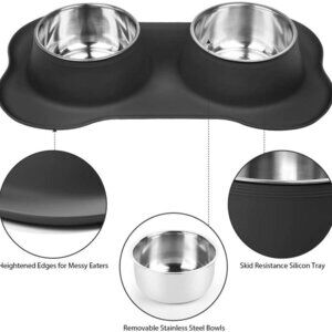BONE SHAPED SILICONE MAT WITH STAINLESS STEEL PET FEEDING AND WATER BOWL…